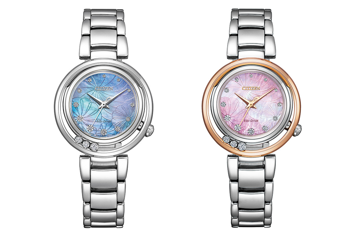 CITIZEN L (EM1110-81N/EM1114-80Y) 不锈钢表壳，镀粉红金表圈(右)，表径29.8毫米，时、分、秒，光动能机芯，充满电后可连续运作6个月，蓝宝石水晶玻璃镜面，防水50米，不锈钢链带。