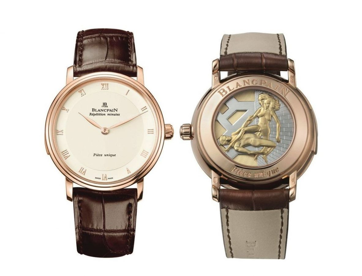 Blancpain Villeret三问春宫腕表 18K玫瑰金表壳，表径38毫米，蛋白石表盘，时、分、教堂钟声三问报时、活动人偶，332型手动上链机芯，动力储存40小时，蓝宝石水晶玻璃镜面及底盖，防水30米，鳄鱼皮表带，独一无二表款。