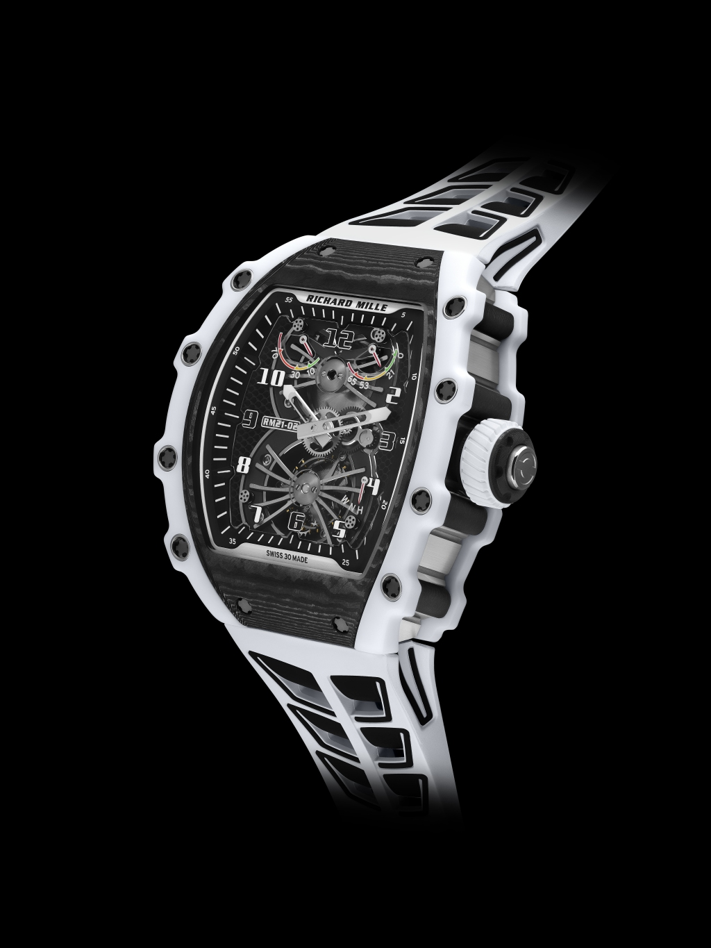 RICHARD MILLE RM 21-02 Tourbillon Aerodyne 白色Quartz TPT ?石英纤维、Carbon TPT ?碳纤维、五级钛合金表壳，表径42.68 x 50.12毫米，时、分、动力储备显示、扭力显示、功能选择器、陀飞轮，RM21-02手上链机芯，动力储能70小时，蓝宝石水晶玻璃镜面及底盖，橡胶表带，限量50只。