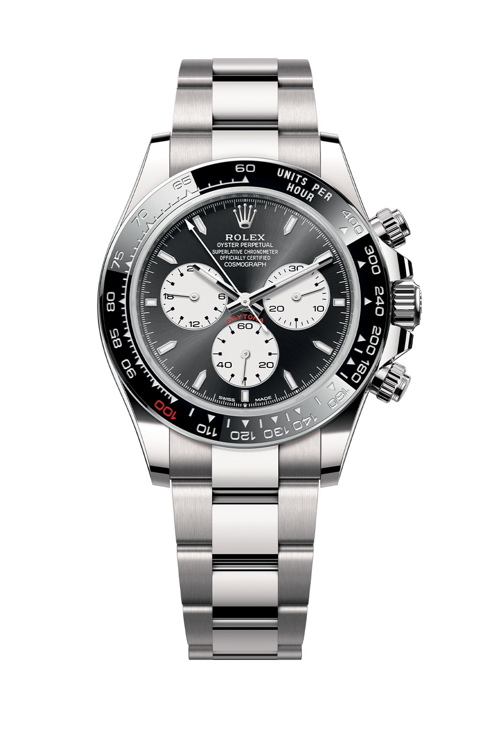 新款Daytona 126529LN的表盘以经典的“熊猫”风格呈现，底座是所谓的亮黑色，具有谨慎的太阳射线拉丝效果，与亮白色对比明显