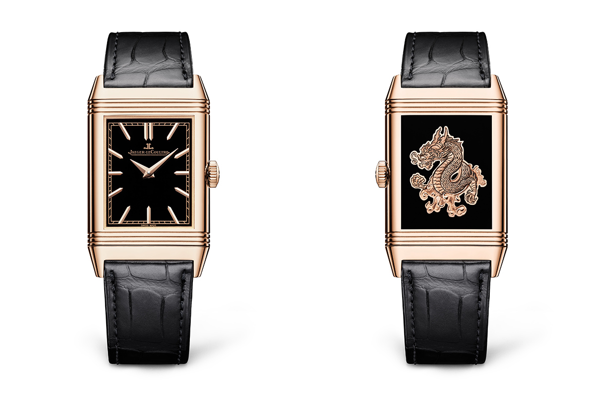 Reverso Tribute Enamel 「Dragon」翻转系列珐琅龙年纪念腕表 18K玫瑰金表壳，表径45.5 x 27.4毫米，时、分，大明火珐琅表盘，表背大明火珐琅雕刻祥龙图案，822型手动上链机芯，动力储存42小时，鳄鱼皮表带，专属订制。