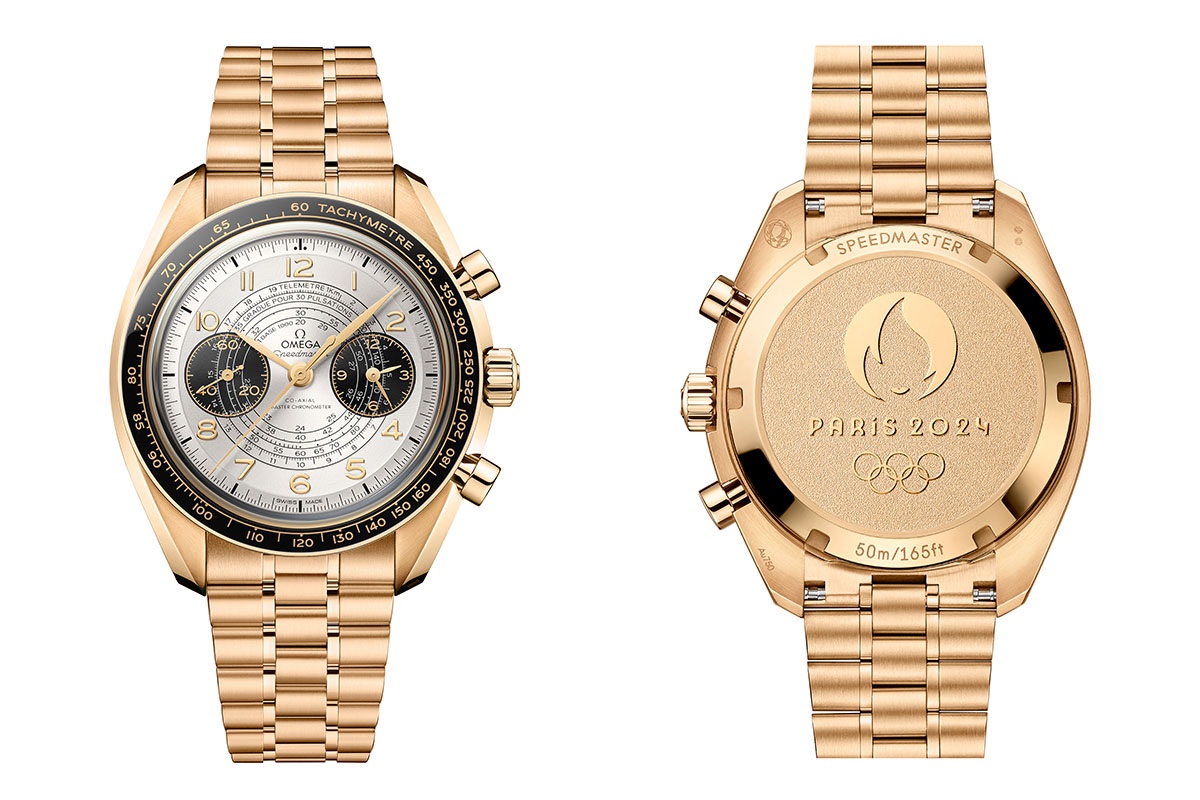 超霸Chronoscope 2024年巴黎奥运会腕表 Moonshine ?金表壳，表径43毫米，时、分、小秒针、计时，欧米茄9909手动上链机芯，动力储存60小时，METAS认证，蓝宝石水晶玻璃镜面，防水50米， Moonshine ?金表链。