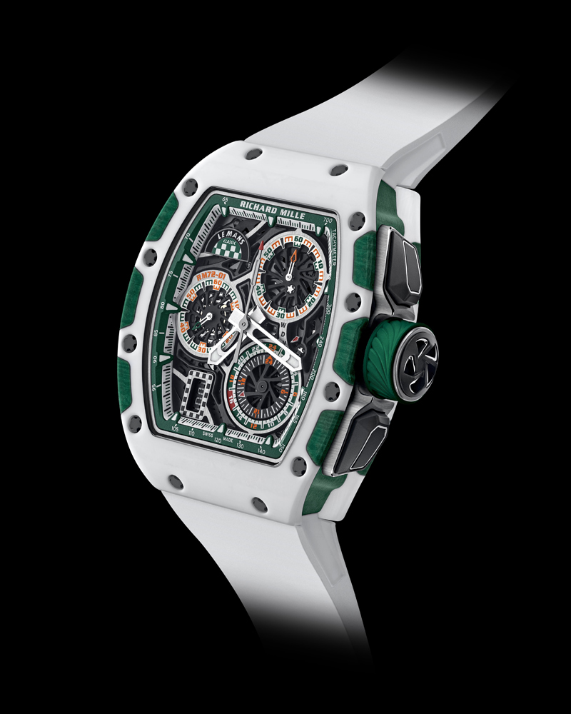 RM 72-01 Le Mans Classic腕表 Quartz TPT ?石英纤维表壳，表径38.40 x 47.34毫米，时、分、小秒针、日期、飞返计时、功能指示器，CRMC1自动上链机芯，动力储存50小时，蓝宝石水晶玻璃镜面及底盖，防水30米，限量150只。