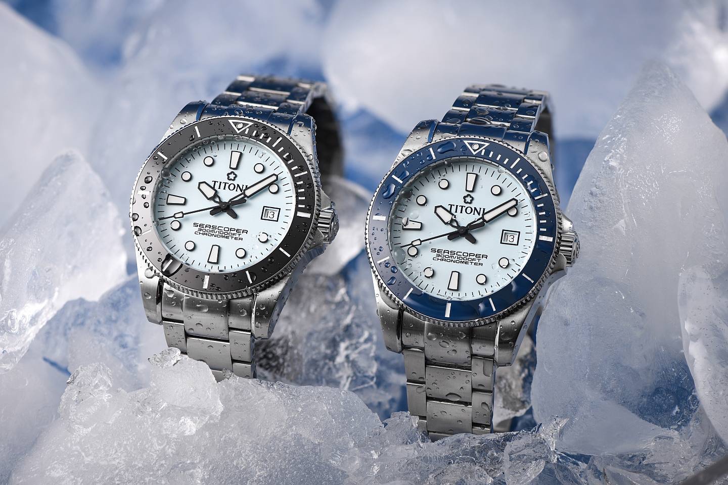 Titoni Seascoper 300 Ice Blue阿尔卑斯山冰青蓝腕表 不锈钢表壳，表径42毫米，冰青蓝色面盘，高质感蓝色或黑色陶瓷表圈，时、分、秒、日期，SW 200-1自动上链机芯，动力储存40小时，COSC认证，蓝宝石水晶玻璃镜面，防水300米，不锈钢链带，表带快调延伸装置。