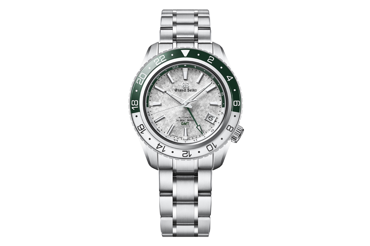 Grand Seiko Sport系列雪溪双色旋转表圈高振频GMT腕表(SBGJ277) 不锈钢表壳，蓝宝石水晶双向旋转表圈，表径44.2毫米，时、分、秒、日期、24小时第二时区，9S86自动上链机芯，动力储存55小时，蓝宝石水晶镜面及底盖，防水200米，不锈钢链带。