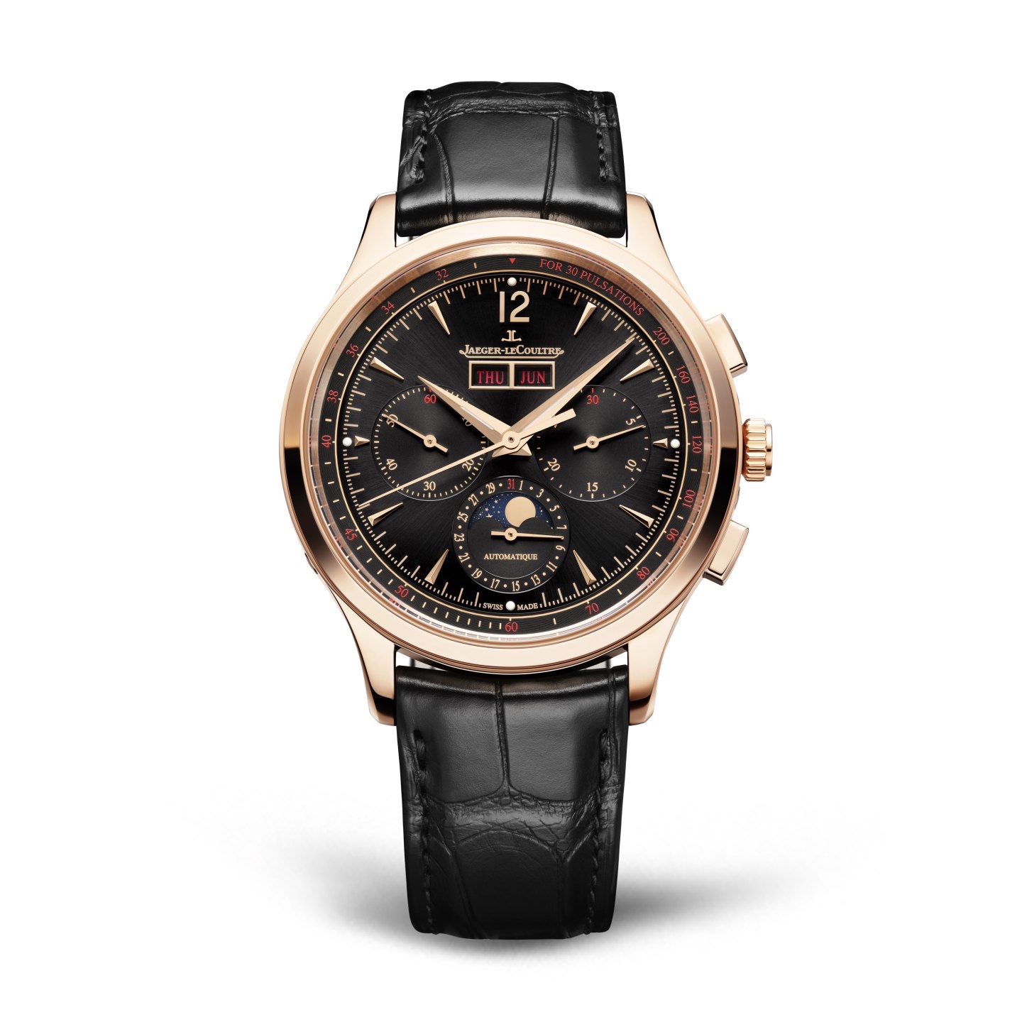 积家Master Control Chronograph Calendar大师系列计时日历腕表玫瑰金款 18K玫瑰金表壳，表径40毫米，黑色太阳放射状饰纹表盘，时、分、小秒针，星期、日期、月份、月相、计时码表配备30分钟计时盘、脉搏计，积家759型自动上链机械机芯，动力储存65小时，防水50米，黑色鳄鱼皮表带，编号Q413257J。