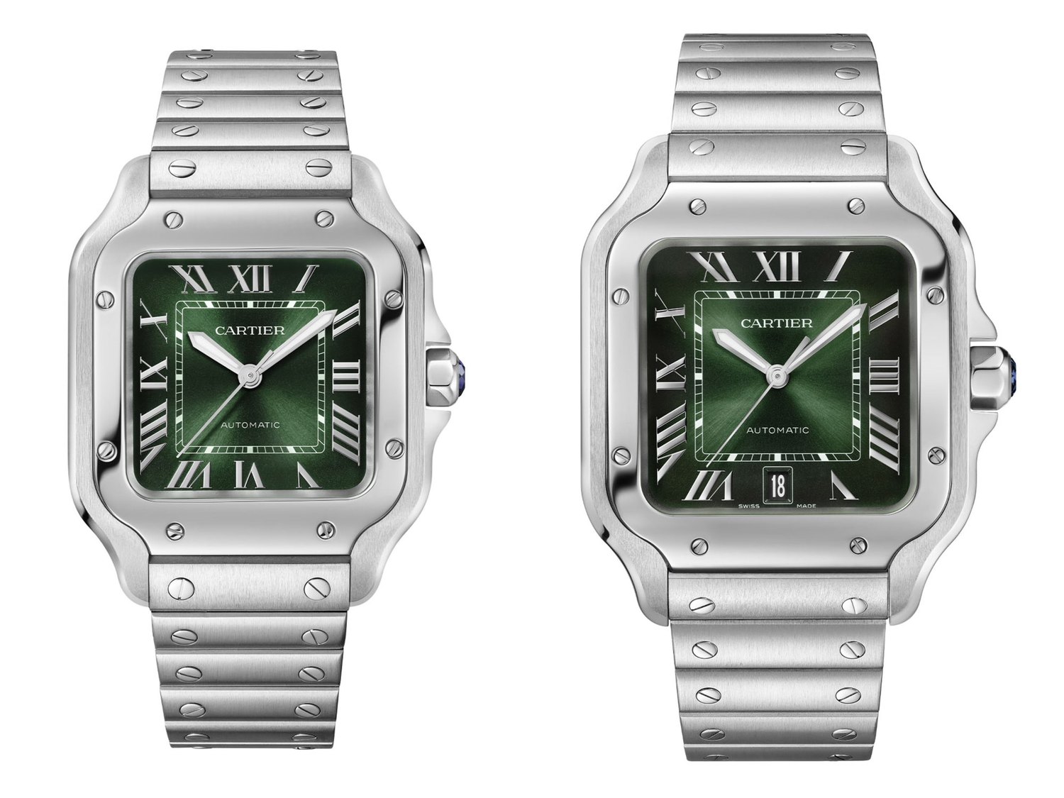 绿色 Santos de Cartier 仍然搭载 Calibre 1847 MC 机芯，这是一款由历峰集团 (Richemont) 机芯制造商 Valfleurier 制造的经典自动机芯。